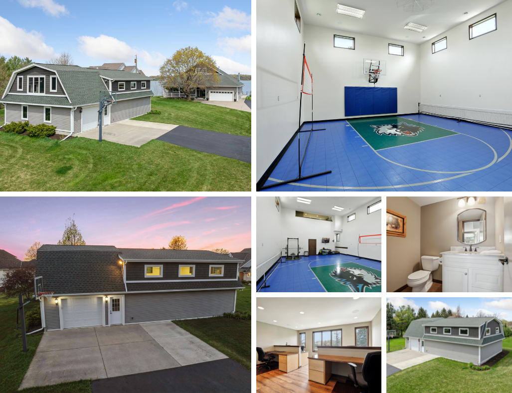 Multi-functional and versatile outbuilding with exercise space, sport court, lofted flex space setup to work/run a business from home. Convenient 1/2 bath and separate driveway offers extra parking for guests.