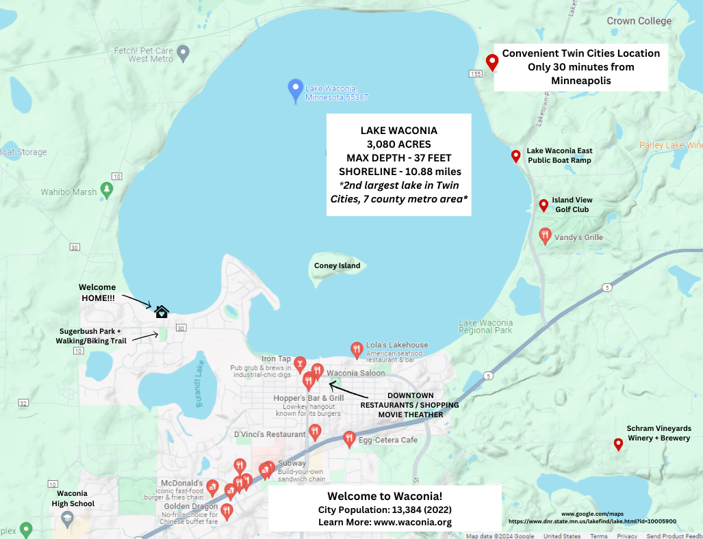 You'll love this easy to get to, west metro location. 2nd largest lake in the metro. Only 30 min. from Minneapolis. Wonderful lake area, parks/trails/restaurants and so much more! Dreamy lake adventures plus SO MUCH MORE! (map:google. Lakefinder)