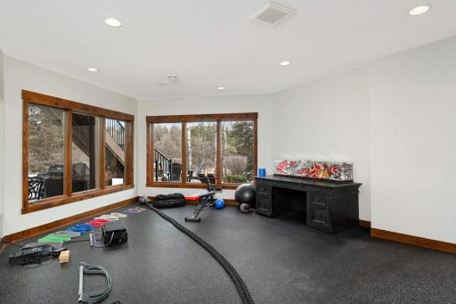 French doors lead into a large home gym/exercise room.