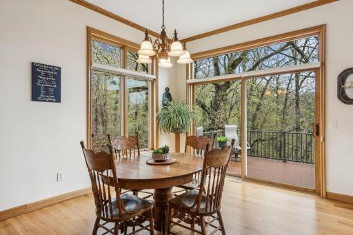 Solid oak hardwood flooring, solid oak millwork, including crown molding and half-wall cap. This room also features an 8' wide patio door to the deck, Hunter Douglas rolling shades, and a chandelier with a dimmer switch.
