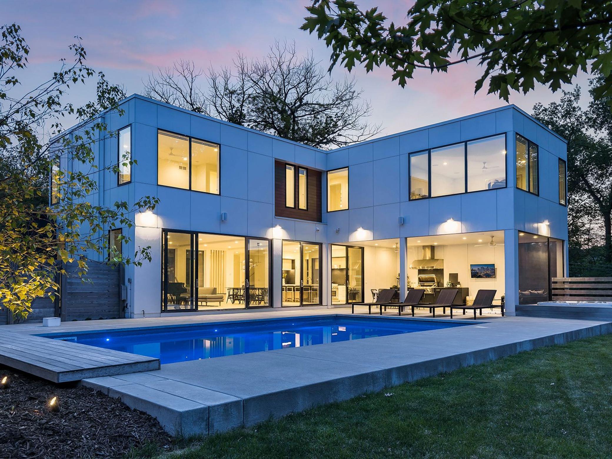 This space is also stunning at night, thanks to thoughtfully placed exterior and landscape lighting.