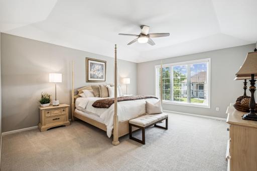 A large primary bedroom suite featuring a walk-in closet and full bath offers spacious comfort and luxury, combining ample storage with a private, well-appointed bathroom.