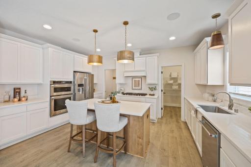 Beautiful gourmet kitchen with stainless appliances, quartz counters and enameled cabinets. Large walk-in pantry for additional storage.