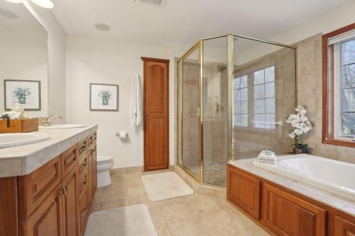 Luxury bath off owner's suite boasts double sinks, large shower, and bath.