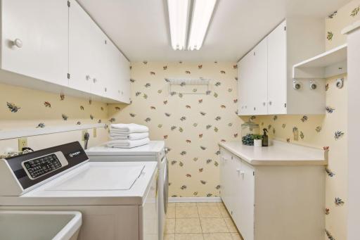 On the main level find a large laundry room with sink and storage.