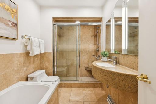 Main level bath with unique curved vanity and soaker tub.