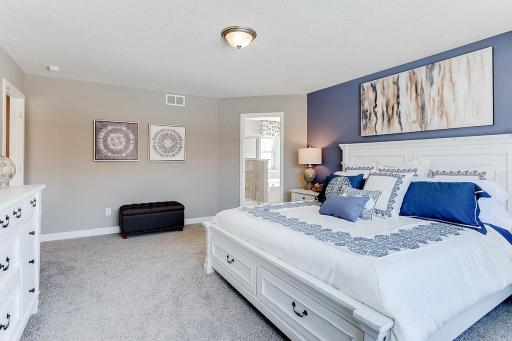 An oasis of its own, the primary suite offers the perfect escape. Windows will overlook the backyard, and there's immediate access to a private bathroom that features a TWO walk-in closets!! (Photo of model, colors may vary)
