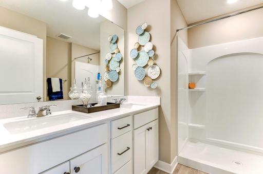 Hugh primary private suite bathroom. Featuring dual vanity and plenty of storage!