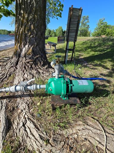 Sprinkler Pump for watering yard with great lake water. Easy disconnects for winterizing.