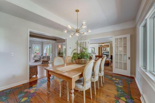 Historical Original Farmhouse Wood Wide Plank Flooring Restored In Dining Room to add Character & Charm During Renovation