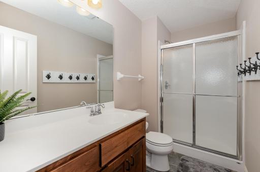 Conveniently located on the lower level, this 3/4 bathroom offers functionality and comfort. Complete with a shower stall, sink, and stool, it provides convenience for guests or family members.