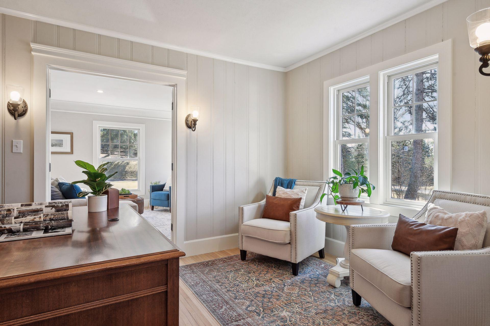 The office space is flanked between the front living room and sitting room. Again, the natural light is extraordinary and the floor plan ideal to create flex spaces. Both the previous image and this room could be amazing playroom spaces.