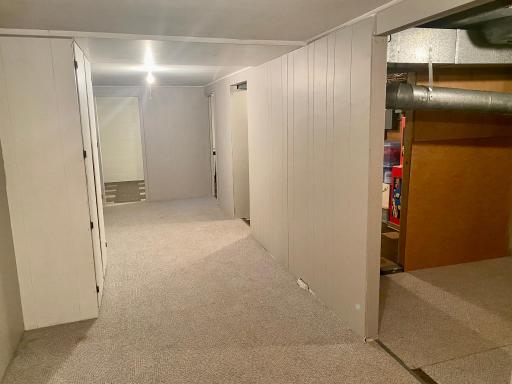 Lower Level Hallway opens to Utility Room and 3 Storage Rooms