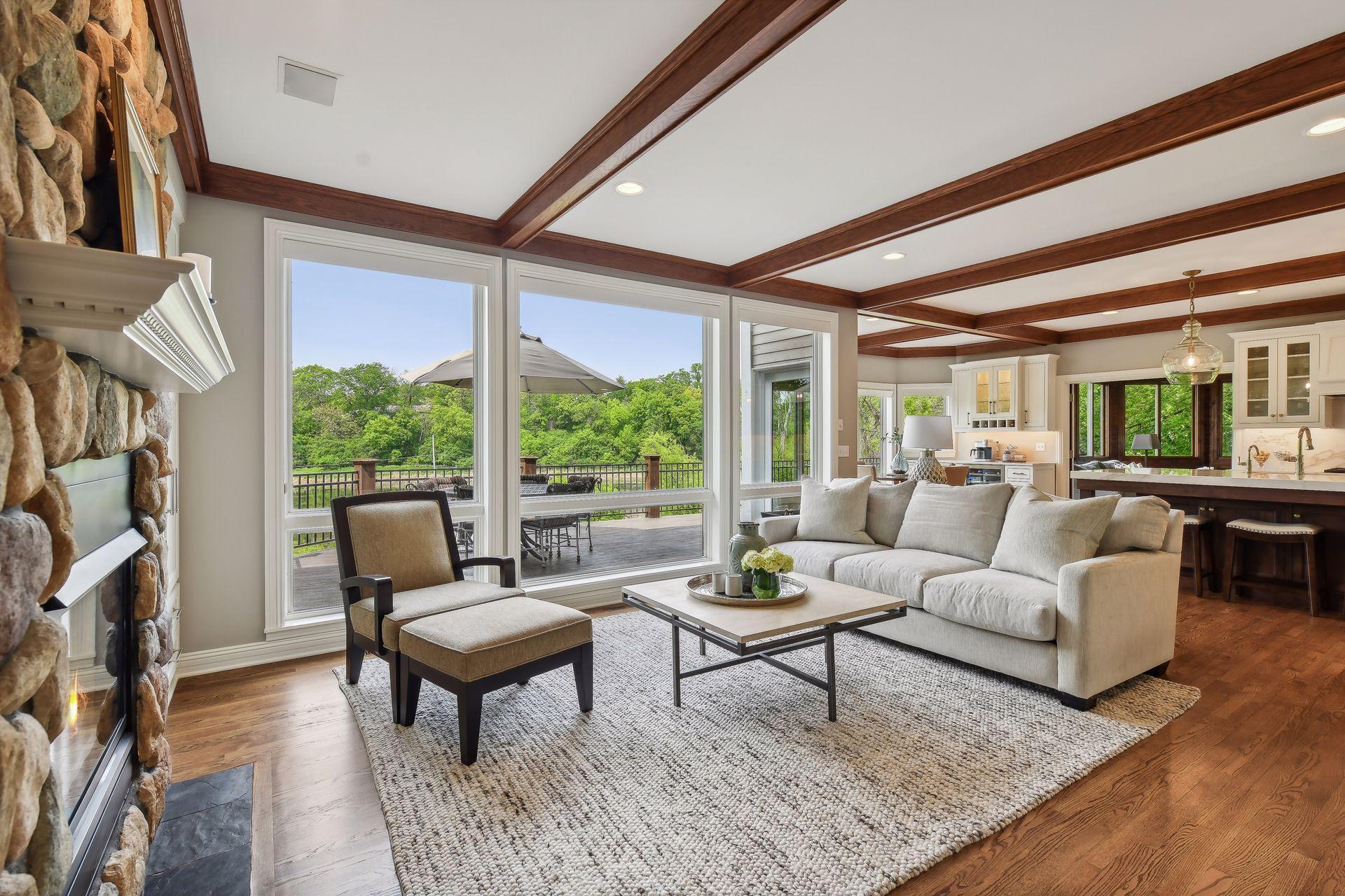 Family room with walls of glass