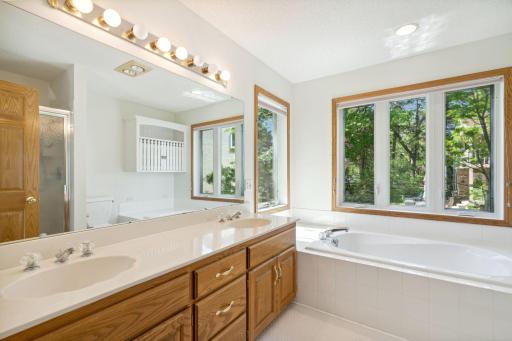 The adjoining bathroom has double sinks, a jetted tub, walk-in shower & heated floors.