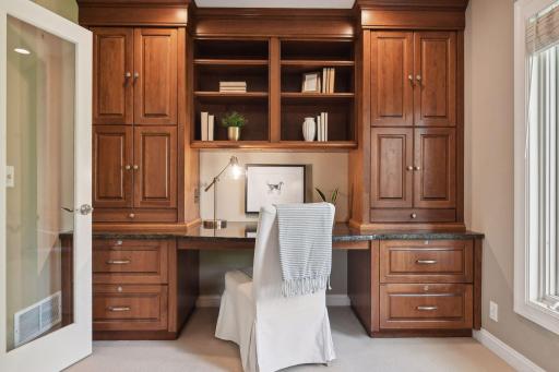 Main level private office off the first floor family room. Beautiful custom built-ins and glass french doors for light and privacy.