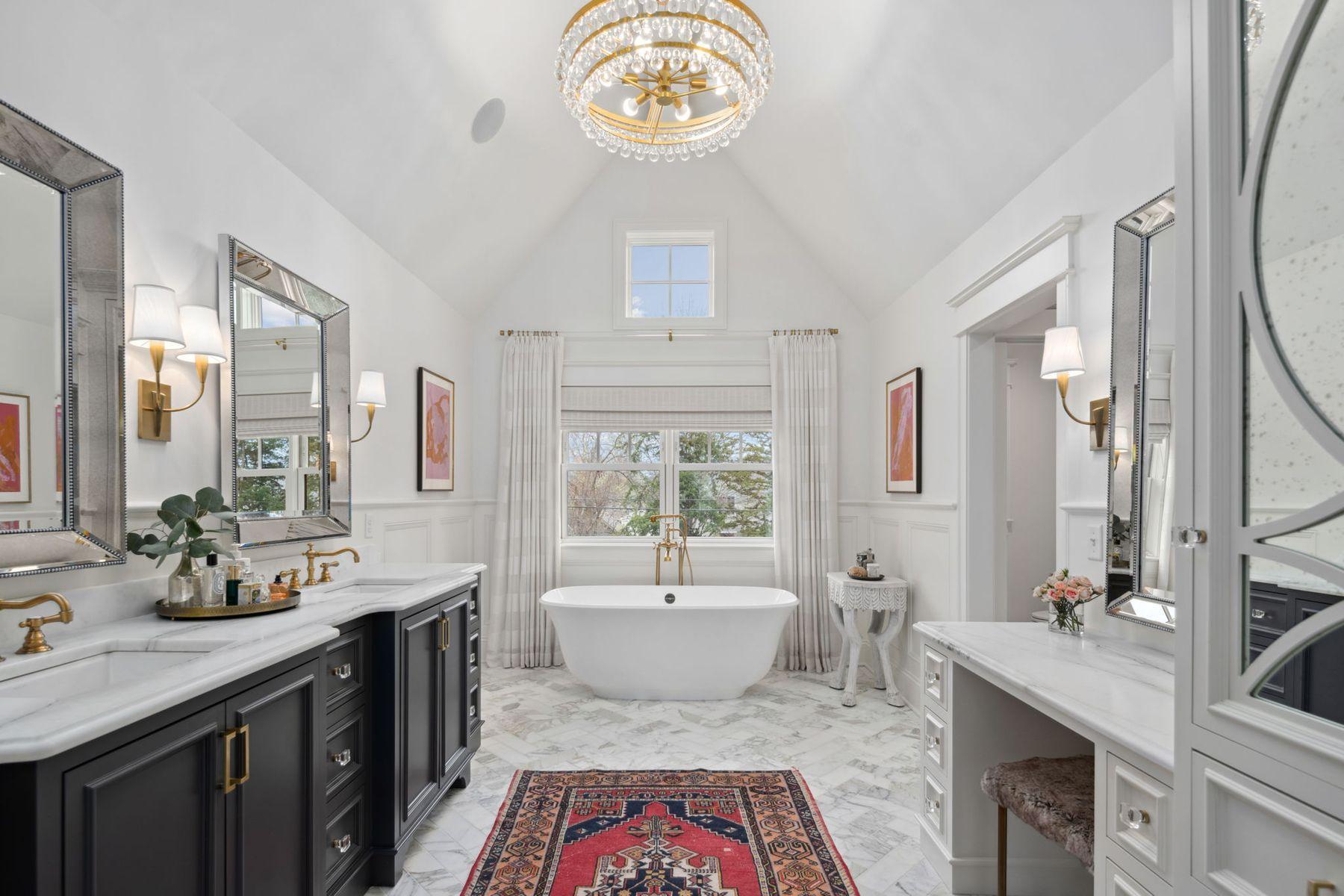 Primary bath, vaulted ceiling, Lincoln marble