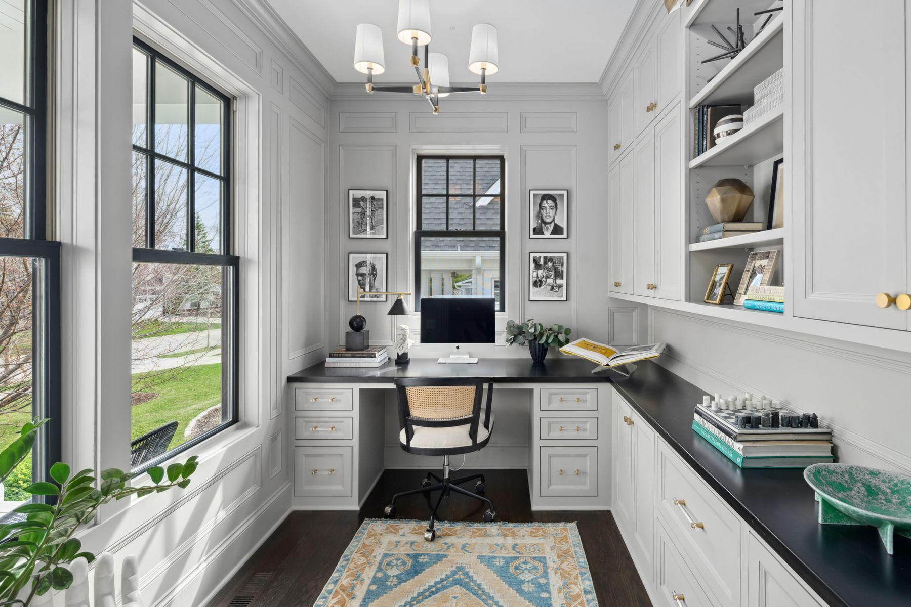 Wood panel clad office.