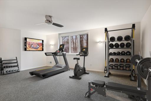 Very spacious and able to hold a variety of equipment, you'll appreciate the exercise room tucked away on the lower level.