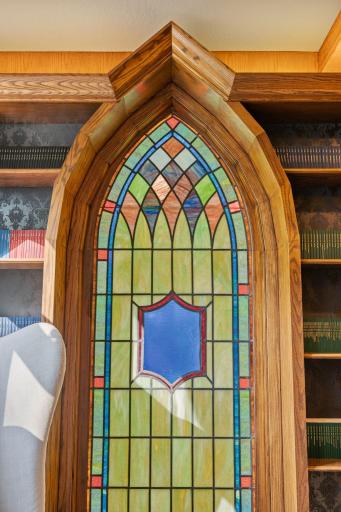 Stain glass window reclaimed from the same church as the front doors!
