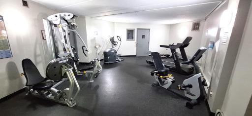 The Exercise Room has a variety of machines. A sauna is in the back of the room.