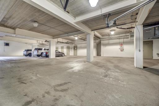 2 Assigned Underground Heated Parking Spaces. Elevator access is available to the garage. Private Secured Storeage Room is currently being used as a work shop. It has a work bench and electicity.