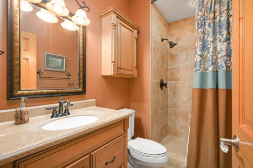 The 5th bathroom in the lower level has floor to ceiling tiled shower.