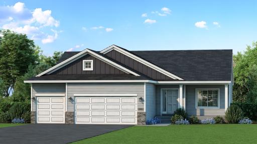 Rendering showcases a spacious concrete front porch & stone accents. Highlights included an unfinished lower level & Pella windows. Exterior color scheme will be different. Rendering may not depict actual material & finishes selected for this home.