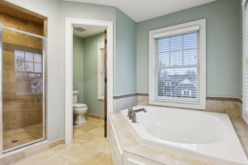 Separate toilet room mechanical wood blinds above the soaking tub for added convenience