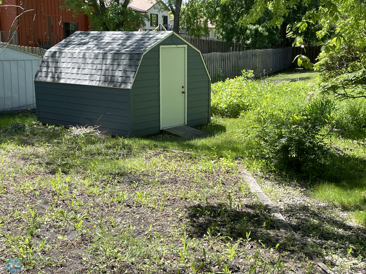 Storage shed in backyard.