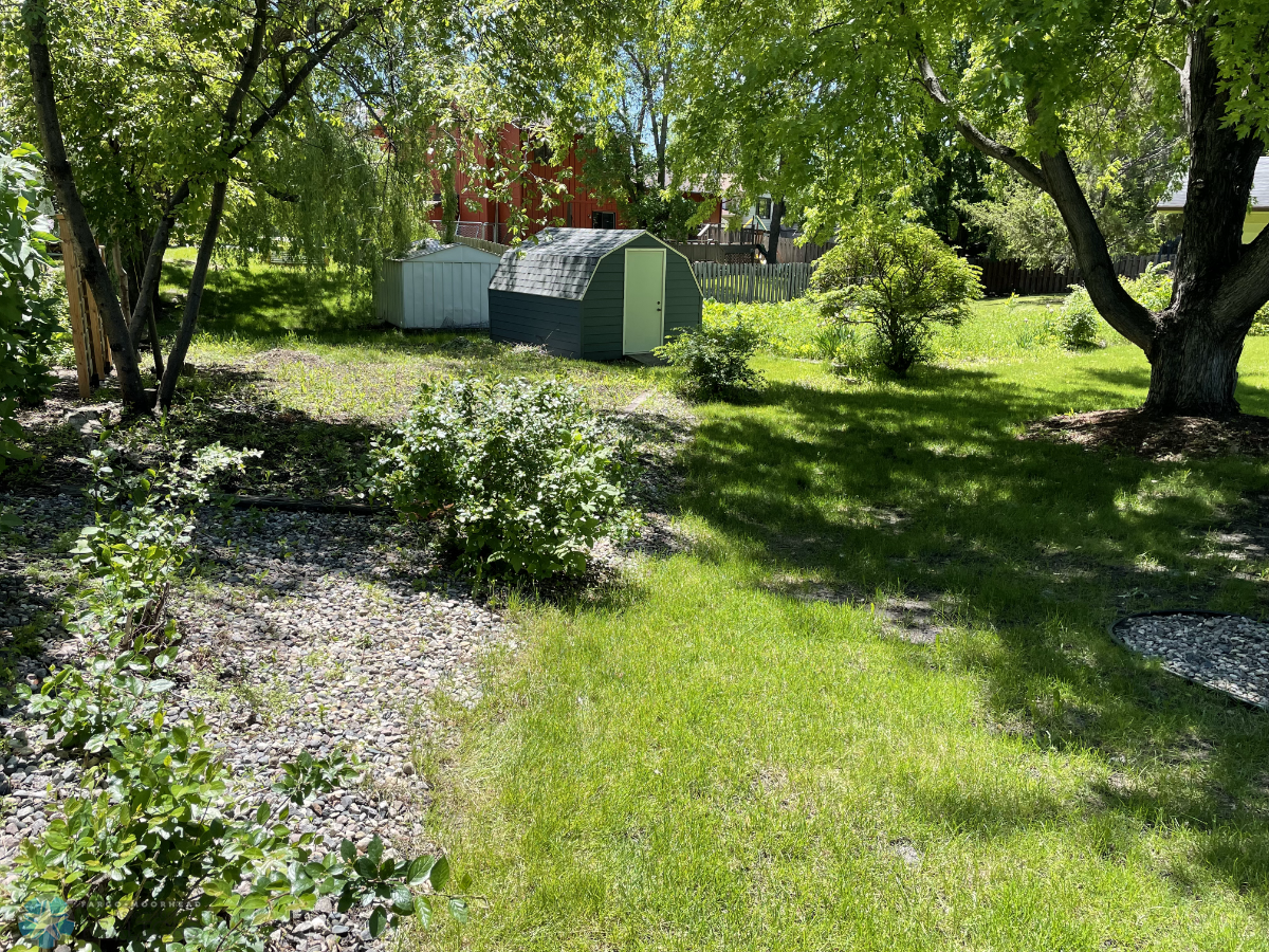 Backyard view to the storage shed.