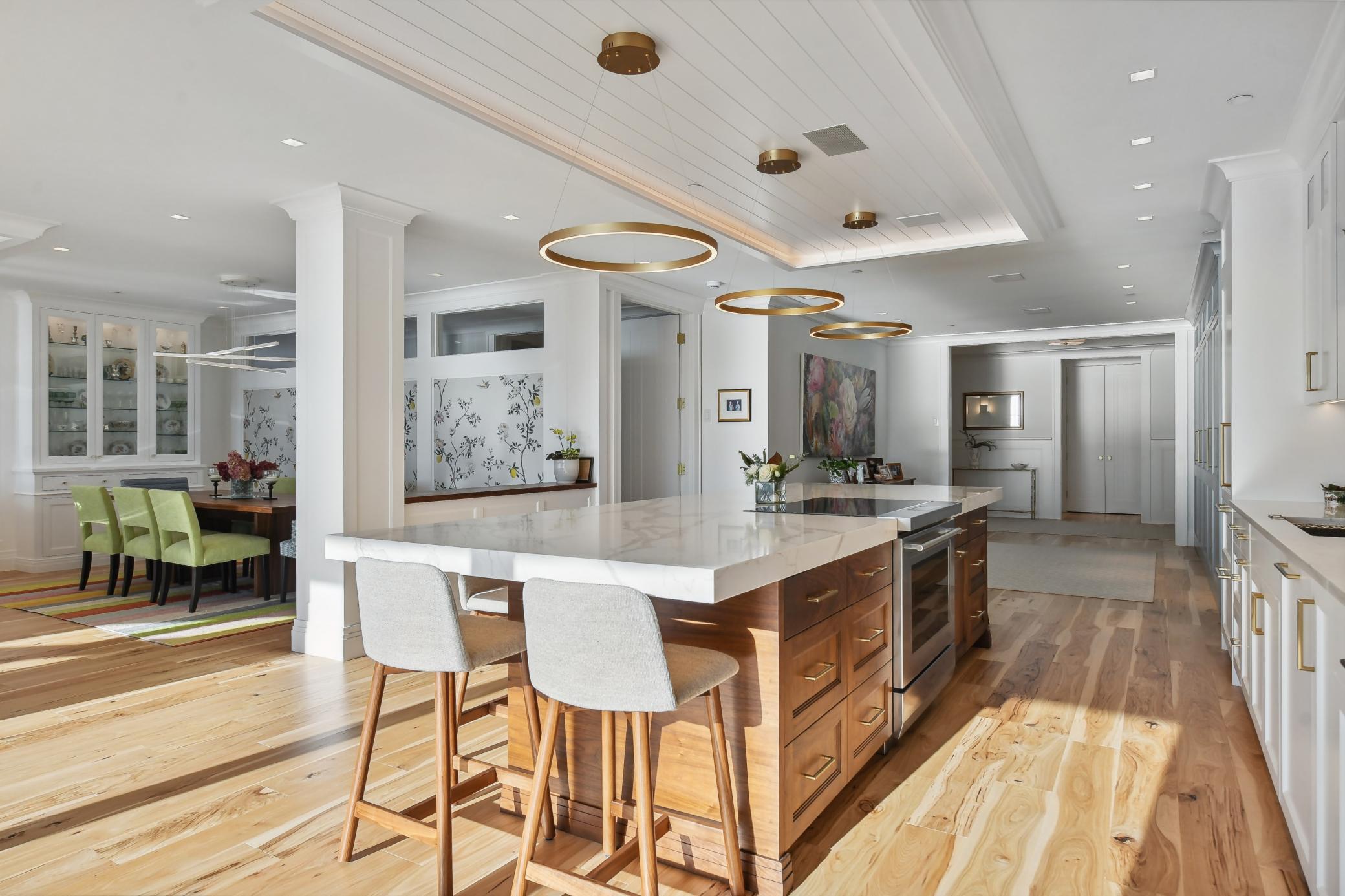 The contemporary lighting provides a sense of elegance, interest and sophistication.