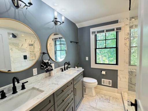 Master bathroom with walk-in shower and heated floors