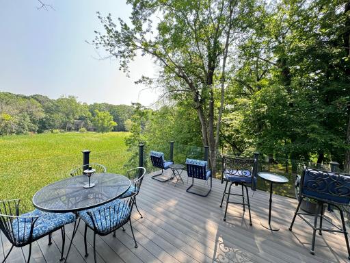 Second story deck with composite decking, glass panels, and sweeping views of the surrounding wetland