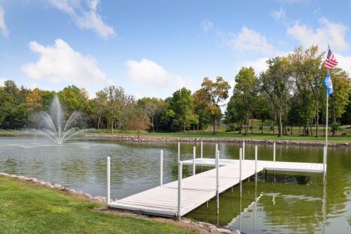 4-acre pond built in 2004. There are three pond pump fountains and T-shaped dock.