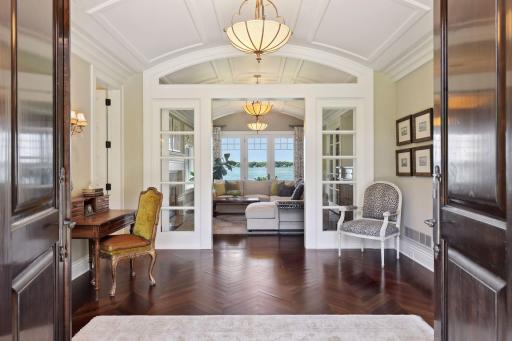French doors lead into the hearth room