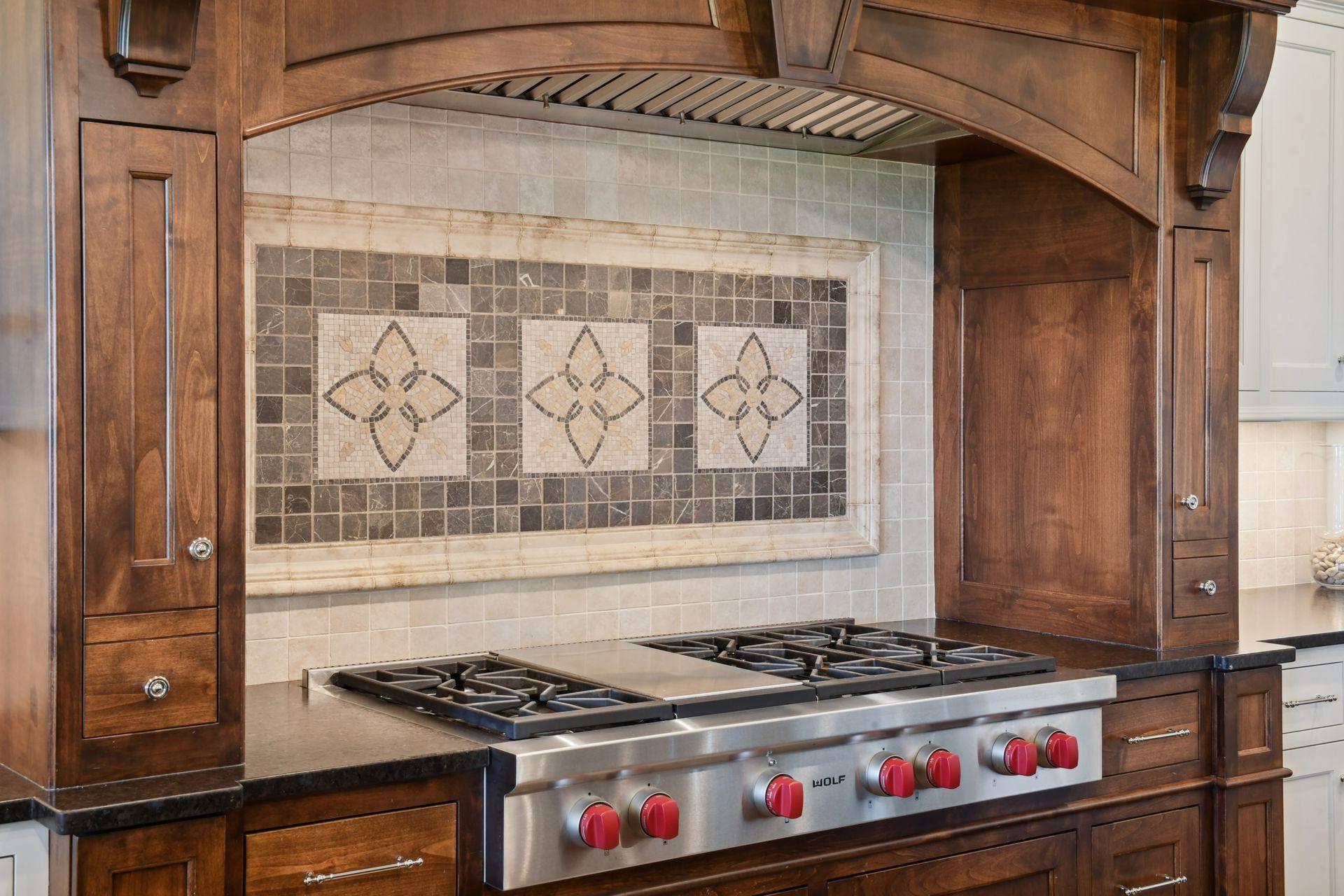 Beautiful in-laid tileworks, wolf cooktop