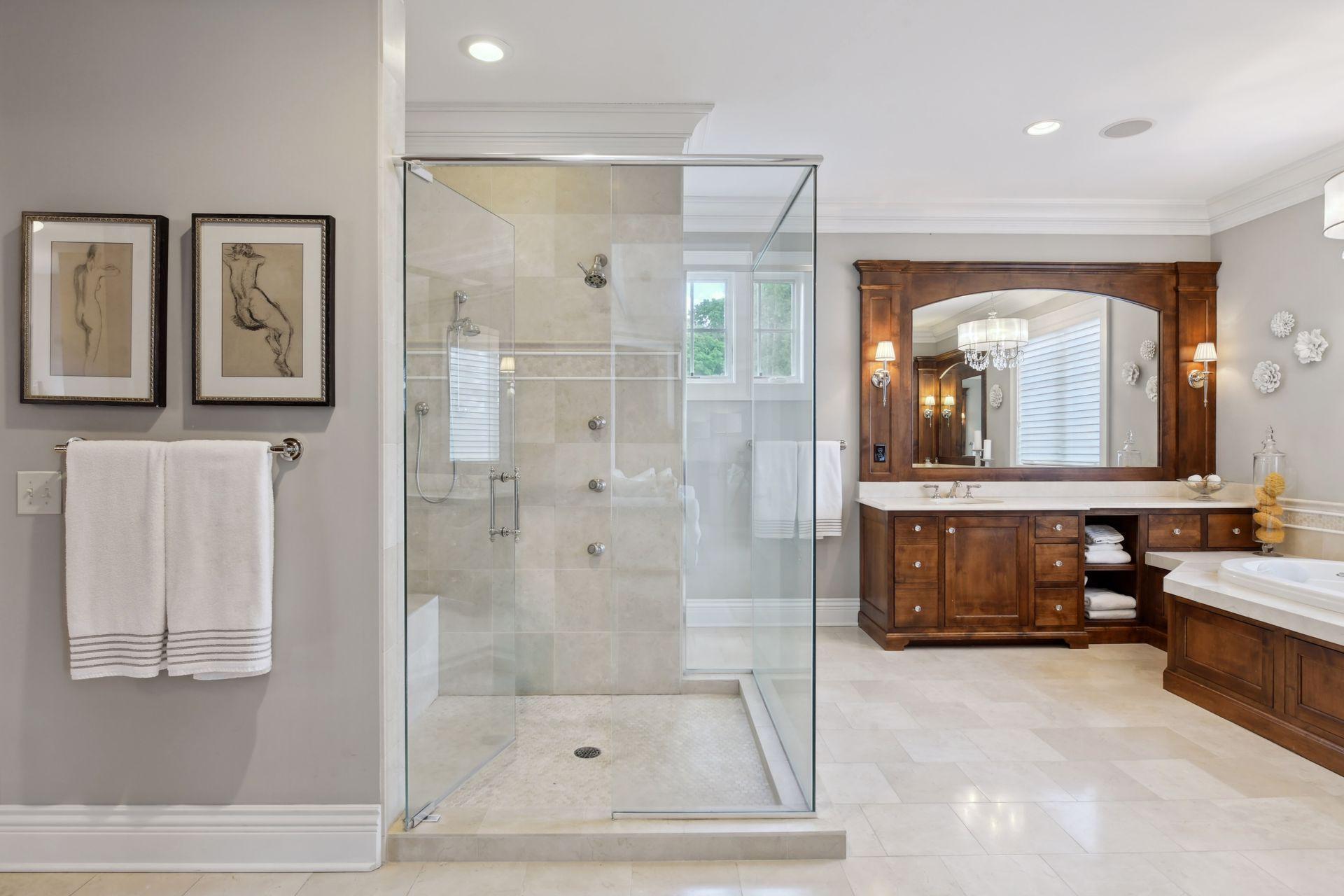 Walk-in glass shower, his/her toilet closets