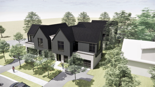 Rendering, view of East building, unit 1 (6144) on left