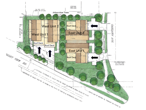 Site Plan: this MLS listing is for East unit 1