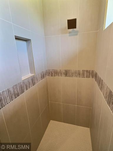 Here is the walk in shower in the primary bath vibrant and fresh.