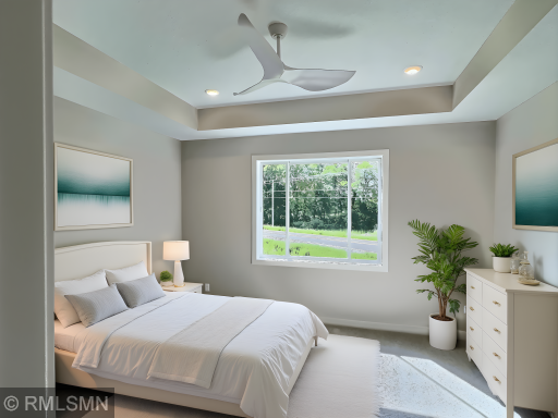 Owners suite is spacious and designed for your private oasis with bath, large walk in closet and laundry all in one. Photo is AI generated and virtually staged.