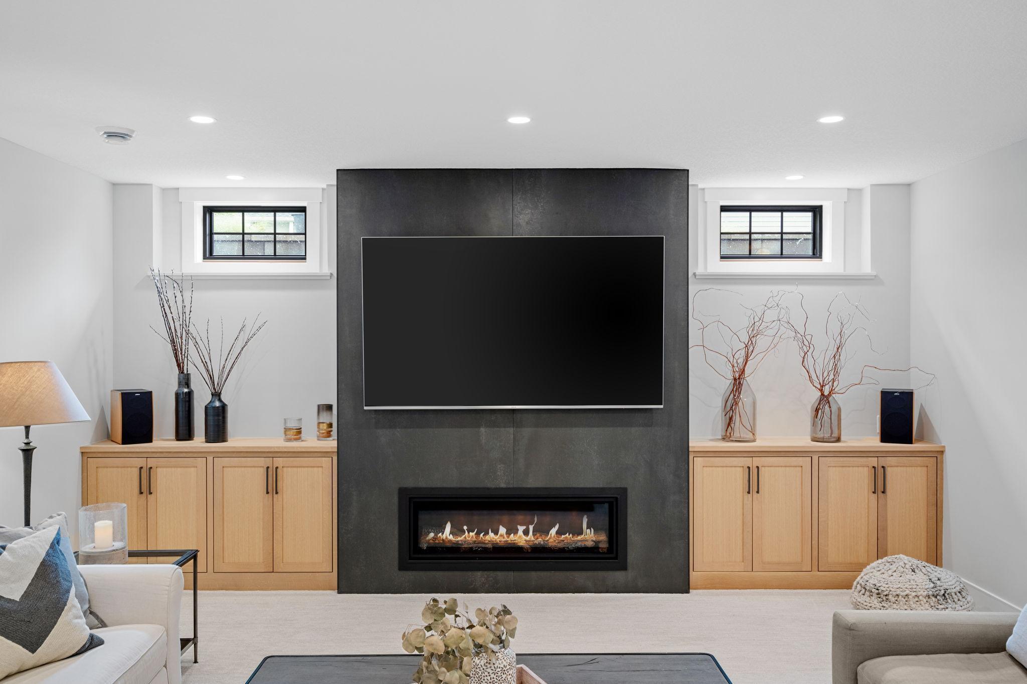 Built-in cabinets provide ample storage, keeping the space organized and clutter-free.