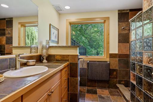 One of three baths on the full walkout lower level.