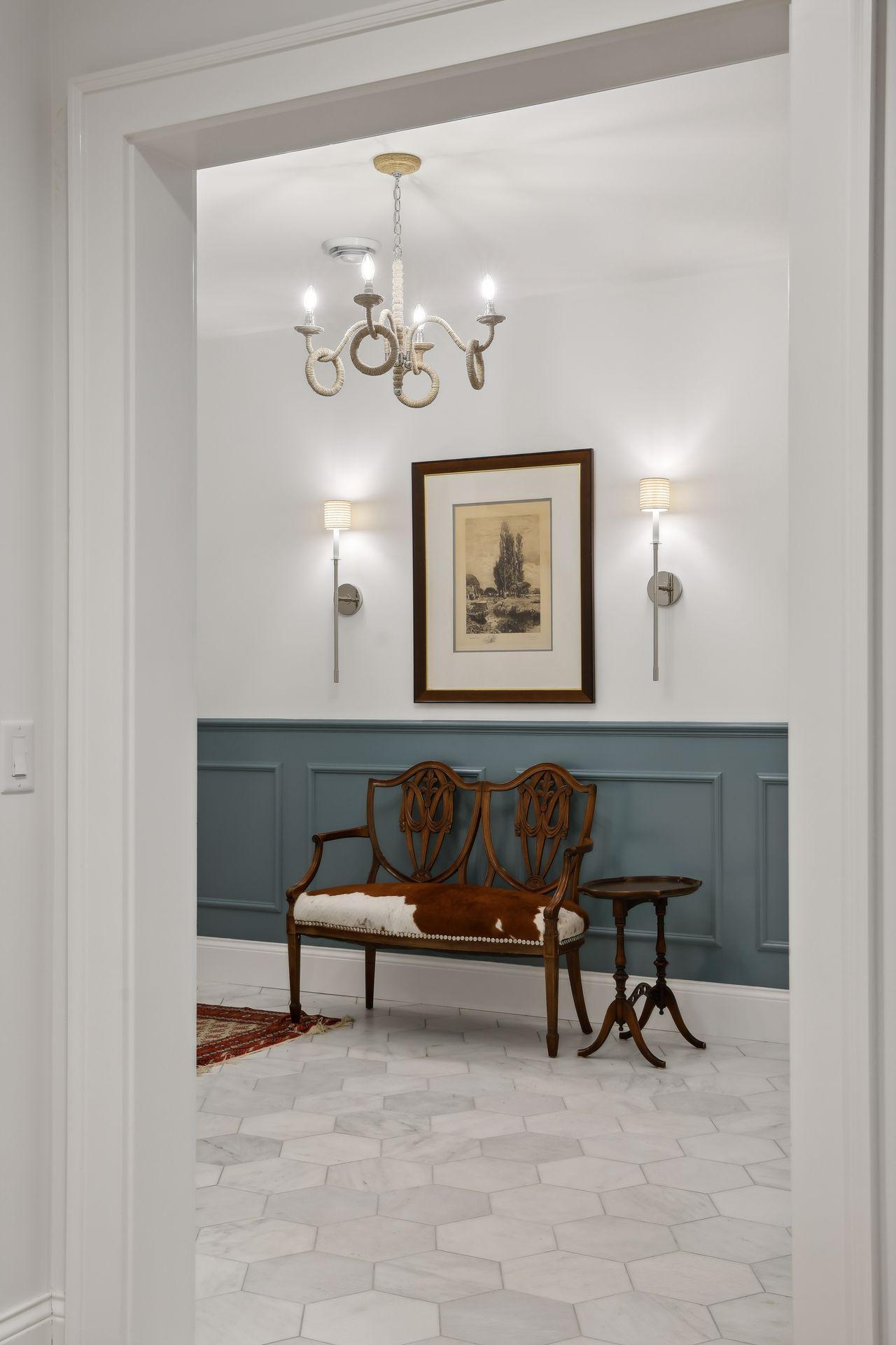 marble floors, paneled walls