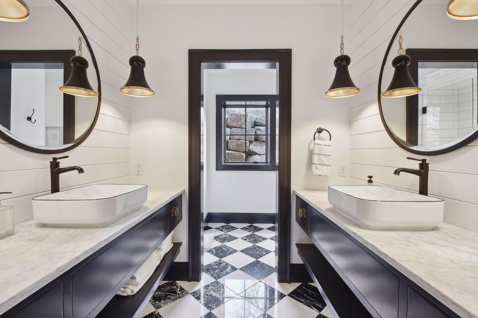 double sink. 3/4 bath in lower level