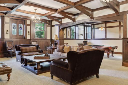 Lower level entertaining space with billard table. 9+ ft ceilings