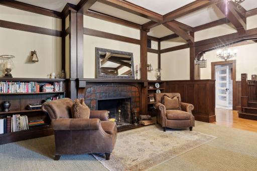 Amazing lower level entertaining space with high ceilings and a wood burning fireplace.