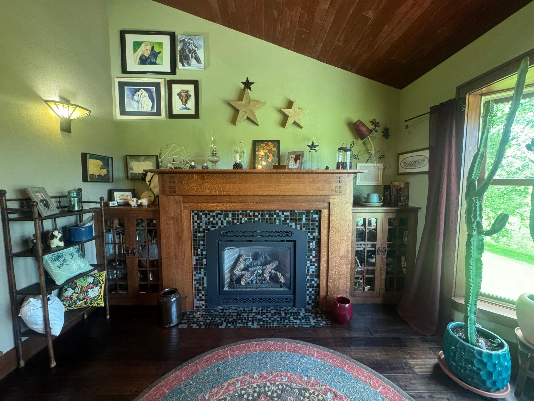 Built in Quarter Sawn Oak Mantel and Bookcase with Gas Fireplace