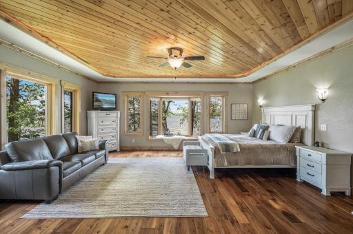 The main level boasts a huge main ownersâ suite with beautiful lake views, 9â ceilings and built-in mood lighting. Primary bedroom furniture is negotiable.